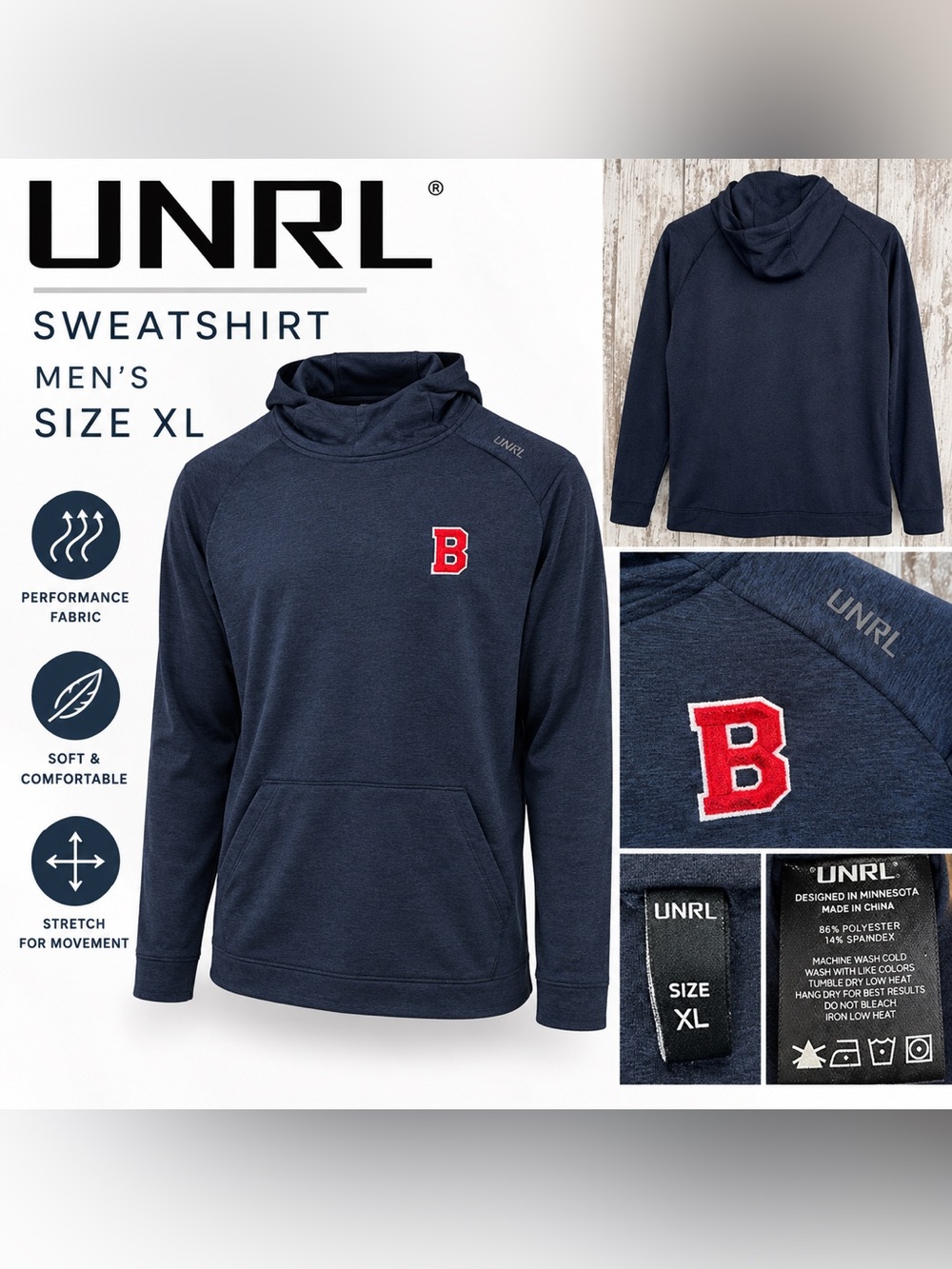 UNRL Men’s Performance Hoodie Sweatshirt Navy Size XL